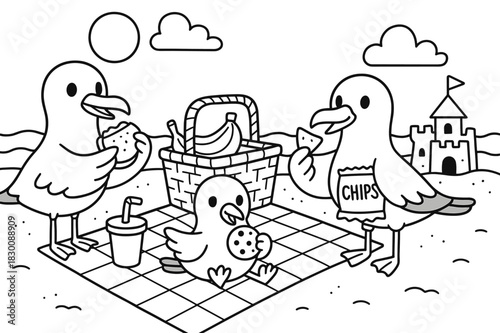 Seagull Picnic Coloring Page. Seagull picnic children?s coloring book illustration, outlined drawing, playful seagulls sharing snacks near the beach with a