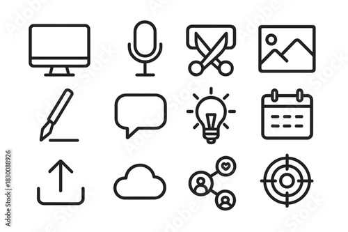 Content Creation Icons. Content creation. Line icon set of content creation: computer, microphone, editing scissors, image frame, pen, speech bubble, idea