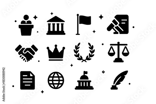 Political Iconography. Political Leadership. Solid icons set of Political Leadership: podium, government building, flag, gavel, handshake, crown, laurel