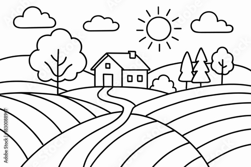 Farmhouse Coloring Page. Countryside landscape children?s coloring book illustration, outlined drawing, rolling hills with a small farmhouse and trees,