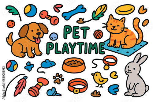 Pet Playtime Doodles. pet playtime. Colorful Hand-drawn doodle Children illustration pet playtime dog, cat, ball, chew toy, yarn, mouse toy, frisbee, bone,