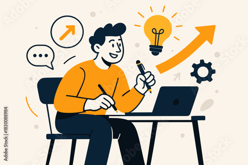 Creative Digital Workspace. Digital entrepreneurship. A person sitting at a desk with a laptop, hands holding a pen, and a lightbulb turning on above their