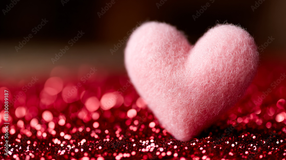 Fototapeta premium Heart decor on red sparkles. A soft pink heart rests on a bright red glittery surface, ideal for festive and romantic celebrations.
