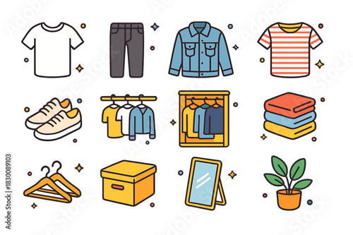 Minimalist Wardrobe Icons. Minimalist wardrobe. Colorful isometric vector icons set of Minimalist wardrobe: white T-shirt, black jeans, denim jacket, striped