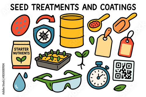 Colorful Seed Coating Doodles. Seed treatments and coatings. Colorful Hand-drawn doodle Children illustration Seed treatments and coatings colored seed,