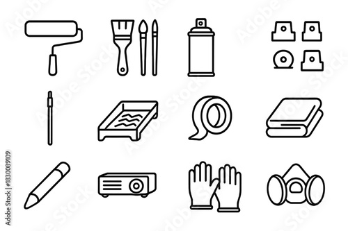 Mural Artist Tools Icons. Mural Artist Toolkit. Line icon set of Mural Artist Toolkit: wide roller, brush set, spray can, cap nozzles set, extension pole,
