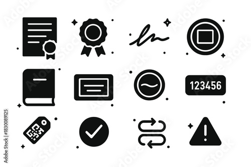 Authenticity Icon Set. Provenance and authenticity. Solid icons set of Provenance and authenticity: provenance document, certificate seal, artist signature,