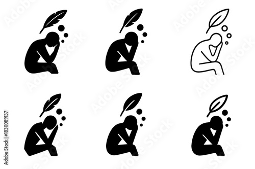 Floating Thoughts Emblem. restless figure surrounded by floating thoughts. Set Logo of restless figure surrounded by floating thoughts: Feather. harmonious