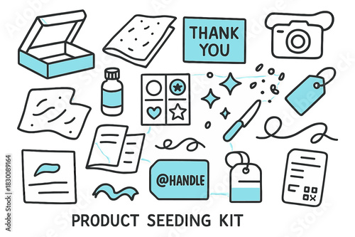 Product Seeding Essentials. // Product seeding kit. Hand-drawn doodle illustration product seeding kit [mailer box (accented), tissue paper, thank-you card
