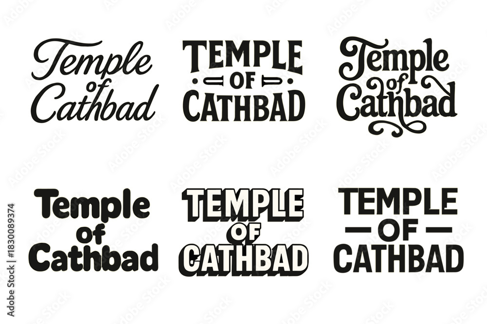 Fototapeta premium Temple Lettering Variations. Temple of Cathbad. Set lettering. harmonious lettering variations of the same emblematic concept, each with different artistic