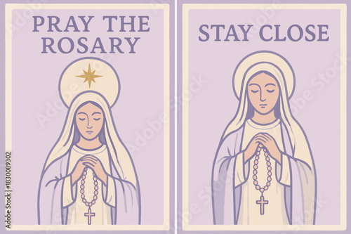 Rosary Prayer Banners. Our Lady of the Rosary. Two vertical A6 banners with safe margins, centered composition, no elements touching edges, pastel, lavender