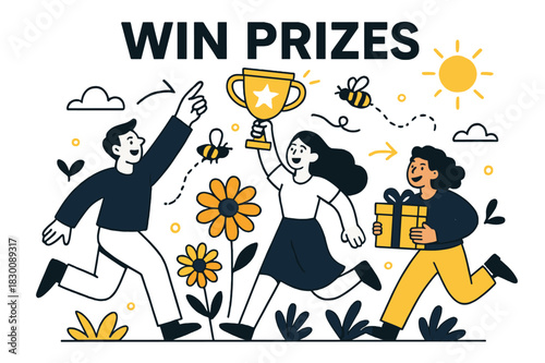 Vibrant Spring Energy. WIN PRIZES. Blooming flowers, buzzing bees, sunny skies, warmth and happiness in everyday life, vibrant and full of energy. Modern flat