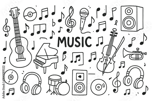 Musical Instrument Doodle. Music. Hand-drawn doodle illustration acquiring knowledge guitars, pianos, microphones, speakers, headphones, vinyls, CDs, music