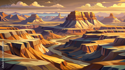 Very beautiful expansive view of rugged Badlands formations with layered cliffs, open plains, and soft sunlight revealing dramatic textures across the untouched terrain.
