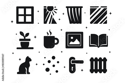Window Light Icons. Window Light. Solid icons set of Window Light: window frame, sunbeam, sheer curtain, shadow stripes, windowsill plant, coffee mug, picture