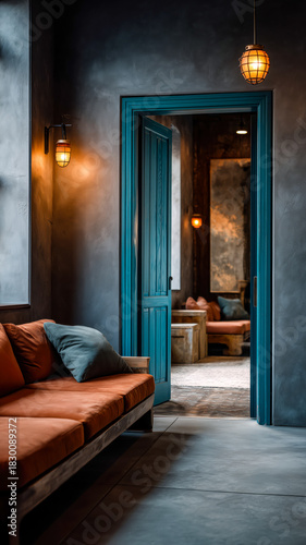 A cozy, dimly lit interior featuring a couch, blue door, and a glimpse into an adjacent room with ambient lighting.
