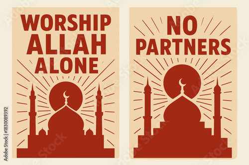 Retro Worship Banners. Worship Alone. Two vertical A6 banners with safe margins, centered composition, no elements touching edges, retro, red and beige, mosque