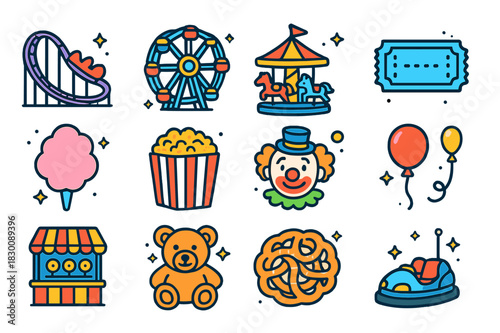 Amusement Park Icons. Amusement Park. Colorful isometric vector icons set of Amusement Park: rollercoaster, Ferris wheel, carousel, ticket, cotton candy,