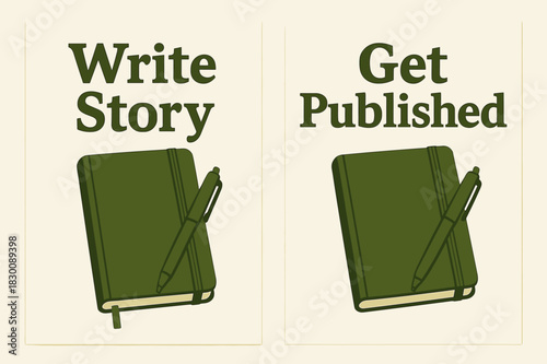 Olive Banner Notebooks. WRITING. Two vertical A6 banners with safe margins, centered composition, no elements touching edges, bold, olive green and cream,