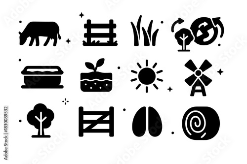 Holistic Grazing Icons. Holistic Grazing. Solid icons set of Holistic Grazing: grazing cow, pasture fence, grass blades, rotation map, water trough, soil