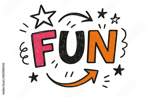 Playful Doodle Sketch. Doodle / Sketch style with playful hand-drawn letters, rough sketch outlines, arrows, stars, casual youthful layout, colored lettering,