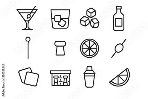 Elegant Cocktail Icons. Elegant cocktail. Line icon set of elegant cocktail: crystal glass, whiskey glass, ice cubes, bottle, cocktail stirrer, cork, lemon