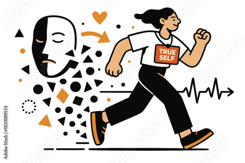 Unmasking True Self. Personal authenticity. A figure steps out from a mask that dissolves into shapes; ?True self? glows on a simple name tag. Heartbeat lines