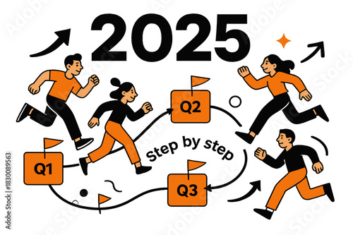 Vision Journey. Vision Board ? Year Overview. Big ?? headline anchors a clean timeline; milestone cards pin along with tiny flags. Caption ?Step by step?