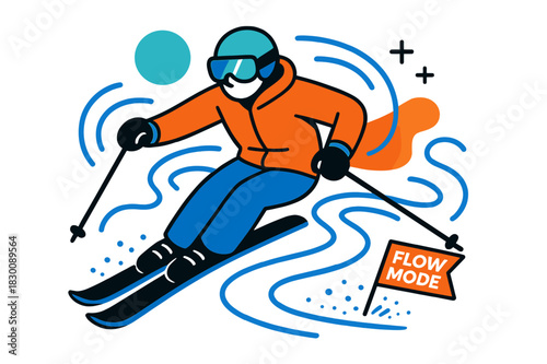 Carving S-Turns. Carving Perfect S-Turns. Edges bite and release, tracing a rhythmic S across the slope. A tiny banner reads ?Flow Mode? as snow swirls around.