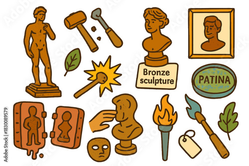 Colorful Bronze Sculptures. Bronze sculptures. Colorful Hand-drawn doodle Children illustration Bronze sculptures statue, artist hammer, chisel, base pedestal,