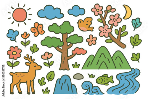 Korean Nature Doodle. Korean Nature. Colorful Hand-drawn doodle Children illustration Korean Nature mountain, river, tree, flower, bird, butterfly, cloud,