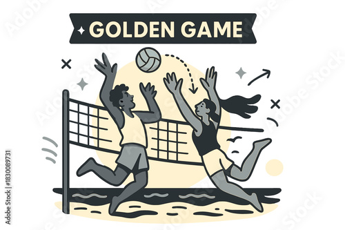 Sunset Volleyball Action. Beach Vacation ? Sunset Volleyball. Two figures leap for a clean hit; dotted arc tracks the ball. Banner reads ?golden game? with