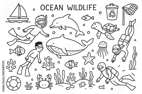 Ocean Wildlife Icons. Ocean Wildlife. Hand-drawn doodle illustration Ocean Wildlife dolphin, whale, turtle, fish, crab, coral reef, starfish, jellyfish,