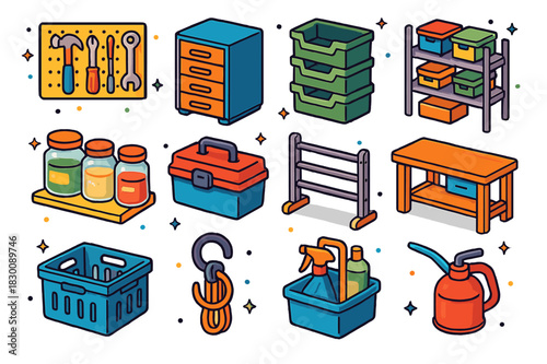 Colorful Workshop Icons. Garage and workshop storage. Colorful isometric vector icons set of Garage and workshop storage: tool pegboard, drawers cabinet,