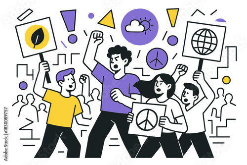 Geometric Environmental Protest. Environmental Protests. Protesters gathering at a city square with floating abstract geometric shapes and environmental