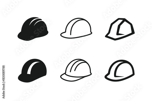 Construction Helmet Logos. Heavy Machinery Illustration. Set Logo of Construction Helmet: Filled silhouette, Minimal outline, Abstract geometric, Negative