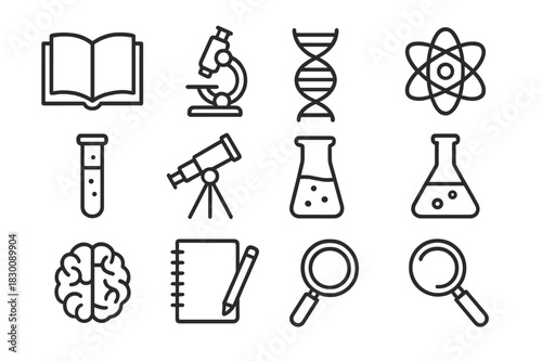 Science Icon Collection. Science reading. Line icon set of science reading: open book, microscope, DNA strand, atom, test tube, telescope, beaker, chemical