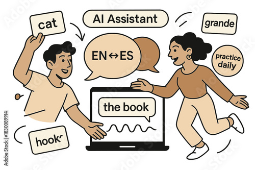 Dynamic Language Learning. AI Assistants ? Language Tutor. Word cards drift between two bubbles labeled ?EN - ES?; pronunciation waves glide under a