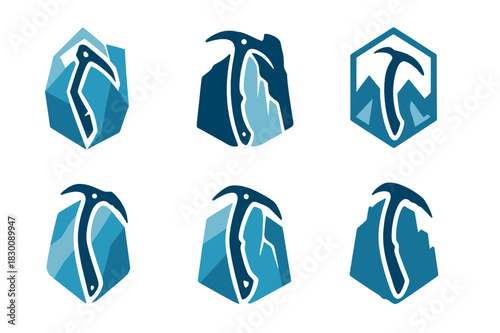 Ice Climbing Logos. Ice climbing. Set Logo of Ice climbing: ice axe on frozen wall. harmonious logo variations of the same emblematic concept, each with