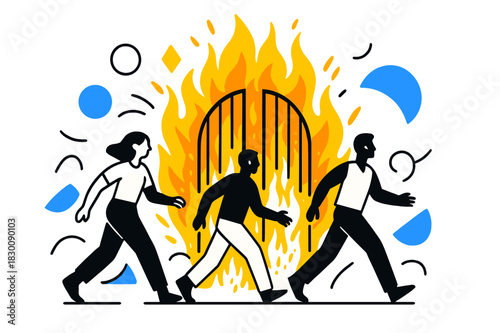 Fiery Gates Approach. Figures Walking Towards Fiery Gates. Figures moving toward blazing gates with fiery sparks and floating abstract geometric shapes,