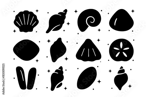Minimalist Seashell Icons. Minimalist Seashell Silhouettes. Solid icons set of Minimalist Seashell Silhouettes: scallop silhouette, conch silhouette, nautilus