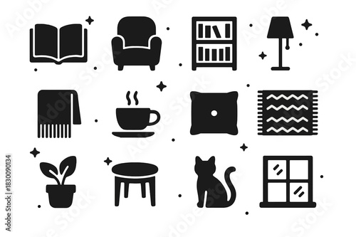 Cozy Literary Nook Icons. Literary Nook. Solid icons set of Literary Nook: book, armchair, bookshelf, lamp, blanket, coffee cup, cushion, rug, plant, side