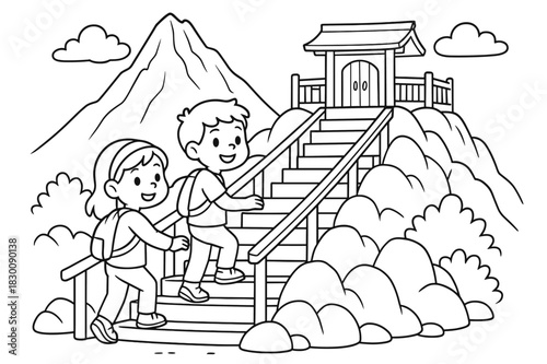 Mountain Shrine Adventure. Mountain shrine hike children?s coloring book illustration, outlined drawing, kids climbing gentle steps with railings toward a tiny