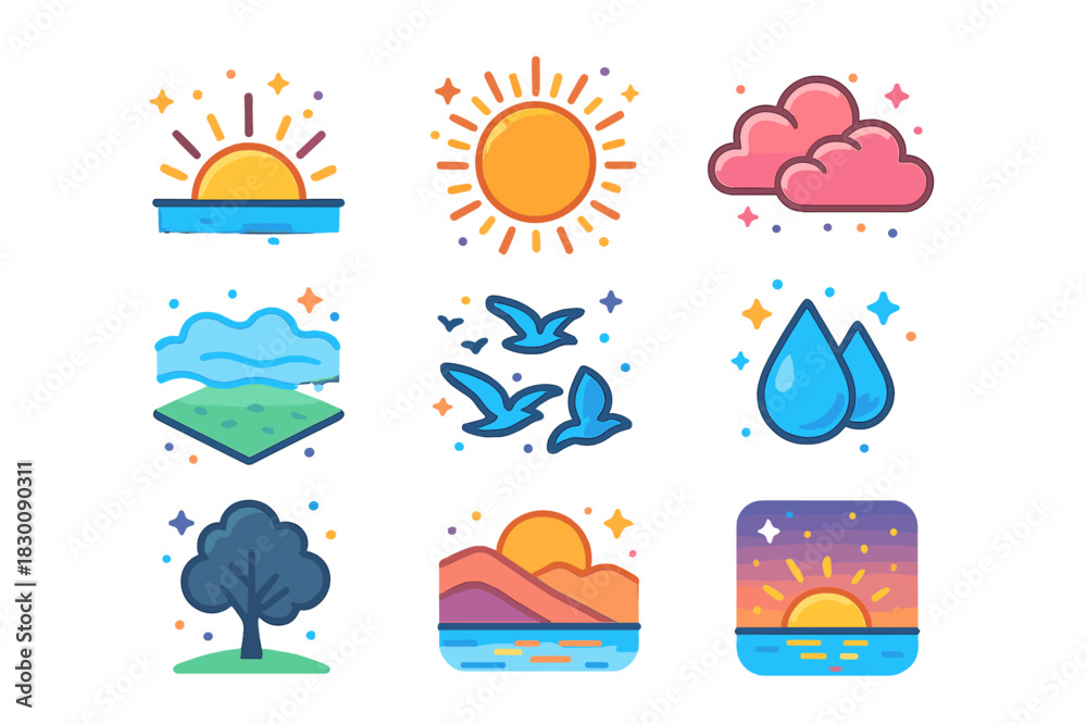 Naklejka premium Isometric Sunrise Icons. sunrise. Colorful isometric vector icons set of sunrise: rising sun, horizon line, warm sun rays, pink clouds, morning mist, bird