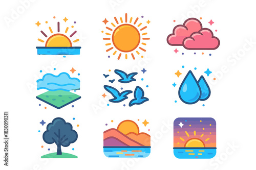 Isometric Sunrise Icons. sunrise. Colorful isometric vector icons set of sunrise: rising sun, horizon line, warm sun rays, pink clouds, morning mist, bird