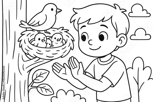 Child Protecting Nest. Environmental conservation children?s coloring book illustration, outlined drawing, a picture of a child protecting a bird?s nest,