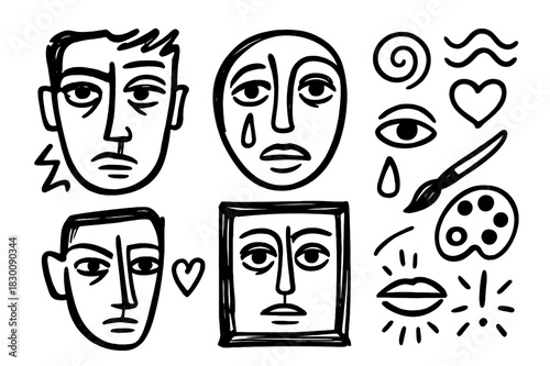 Expressionist Doodle Portraits. Expressionist portraits. Hand-drawn doodle illustration expressionist portraits face outline, eye, brush stroke, spiral, wave,