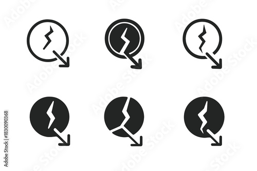 Financial Loss Logos. Financial loss. Set Logo of Financial loss: falling coin with crack. harmonious logo variations of the same emblematic concept, each with