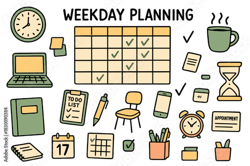 Busy Workday Essentials. Weekday planning. Hand-drawn doodle illustration calendar page (colored), clock (colored), coffee cup (colored), laptop (colored),