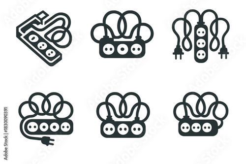Power Strip Logos. Power strip clutter. Set Logo of Power strip clutter: overloaded strip with loops. harmonious logo variations of the same emblematic